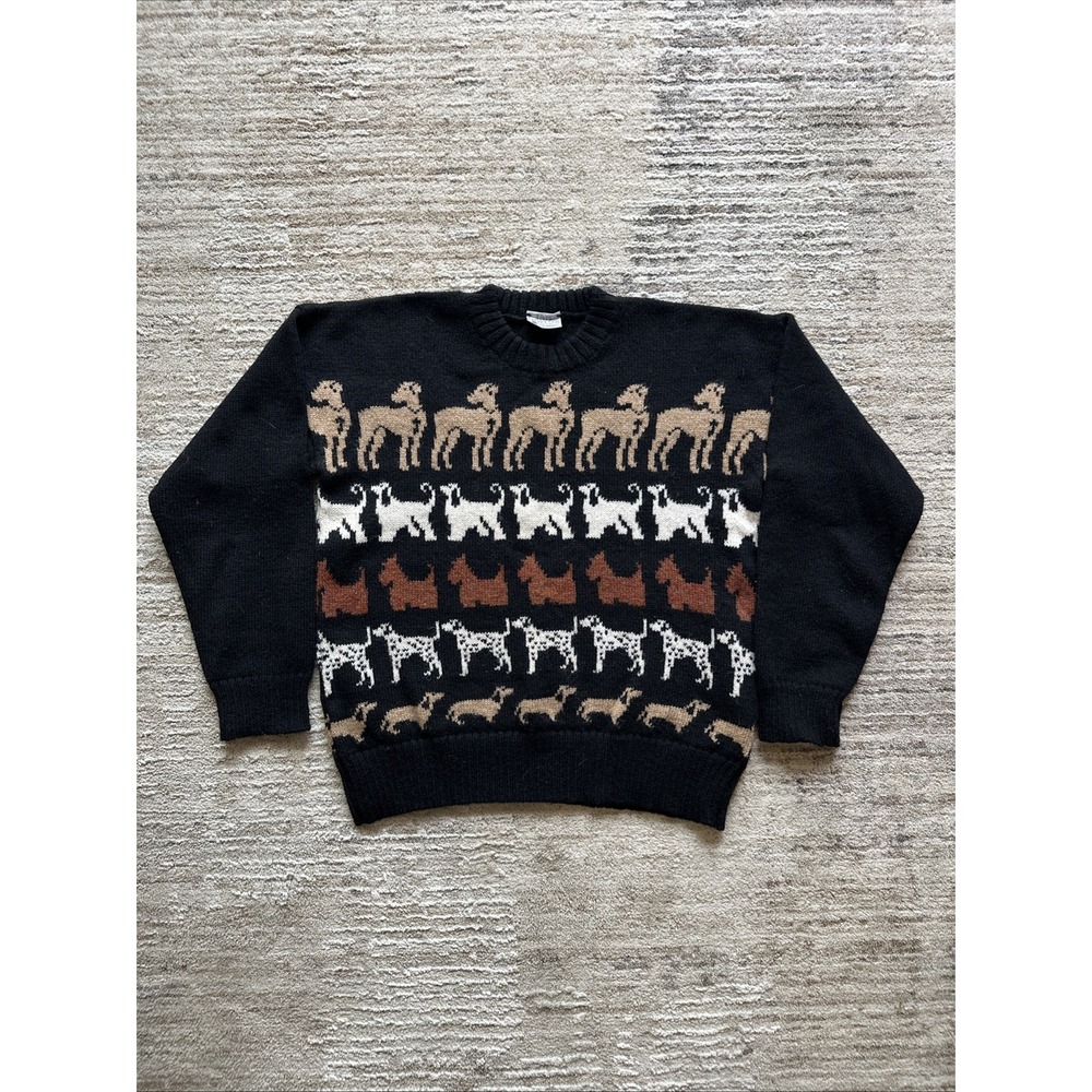 Jan Horrox Sweater Black Sz 38 K-9's and Dogs Crewneck Wool England VINTAGE 80s